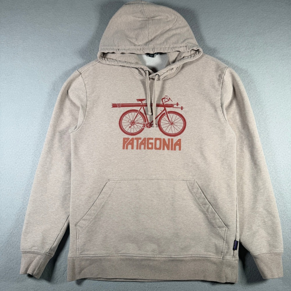 Patagonia Mens Organic Cotton Bike Surfboard Graphic Hoodie Tan 39515 Size S